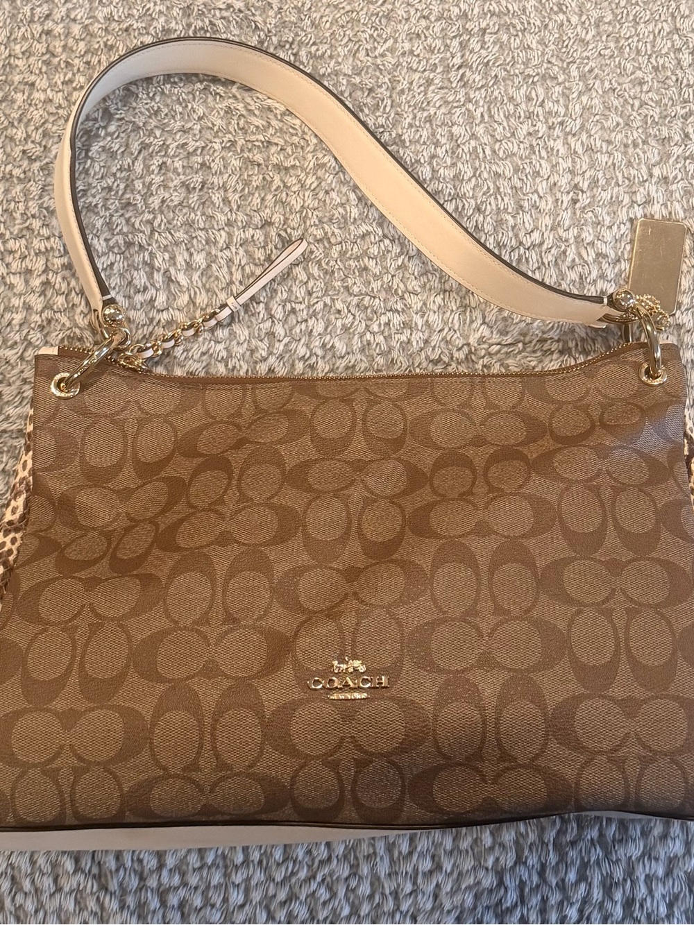 COACH Tan Signature Canvas Shoulder Bag with Gold Hardware